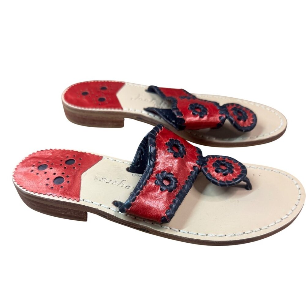 Jack Rogers Womens Red & Navy Leather Sandals With Floral Design Size 6M